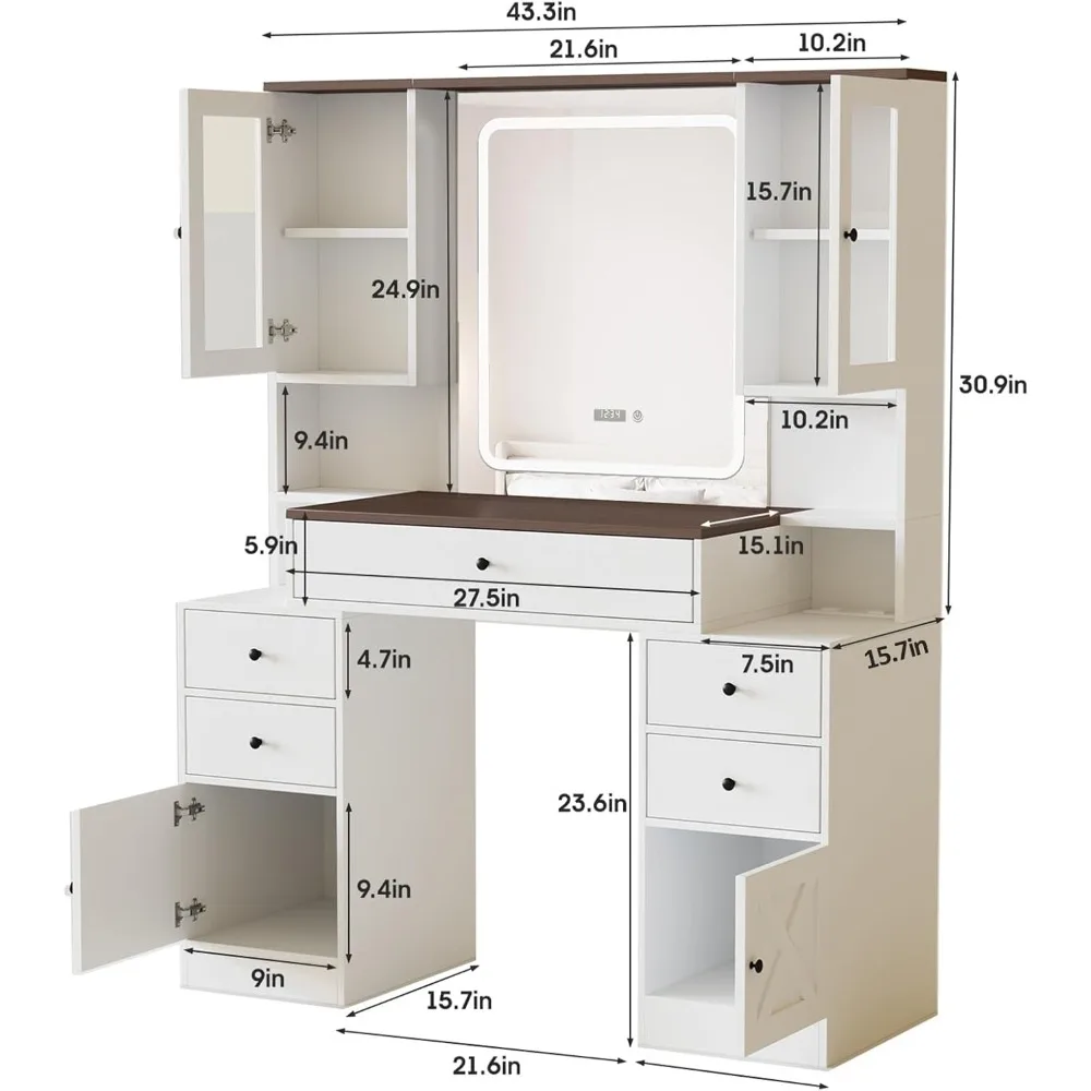 Meja Rias dengan Cermin dan Lampu, Meja Rias Rias dengan Strip Daya & Cermin Berlampu LED43in Meja Rias Besar dengan 5 Laci