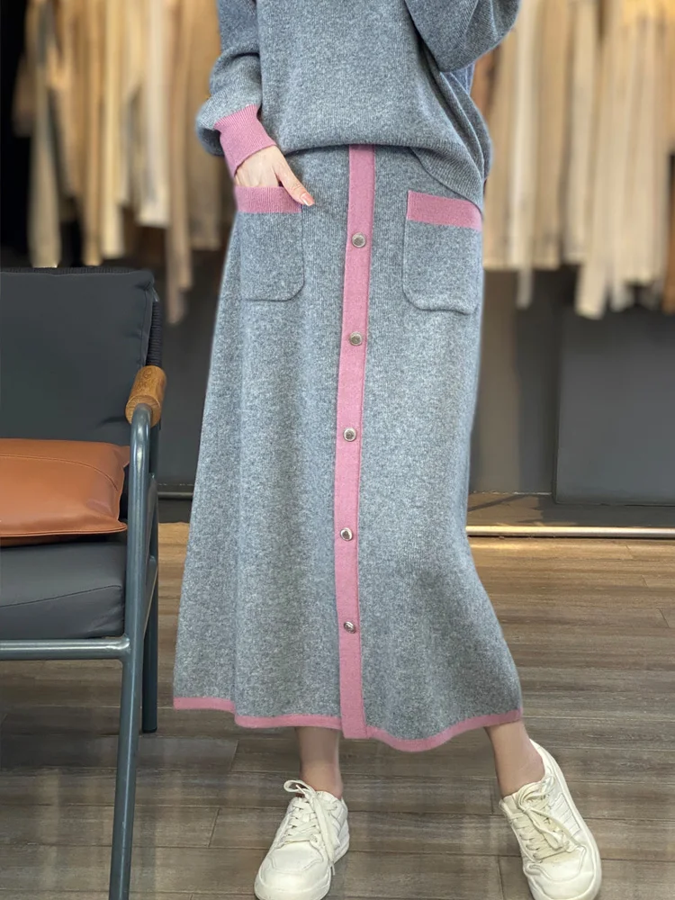 Korean Loose Women\'s Two-piece 100% Merino Wool V-neck Jumper + High-waisted Skirt Matching Color Sweater Autumn/Winter Dress