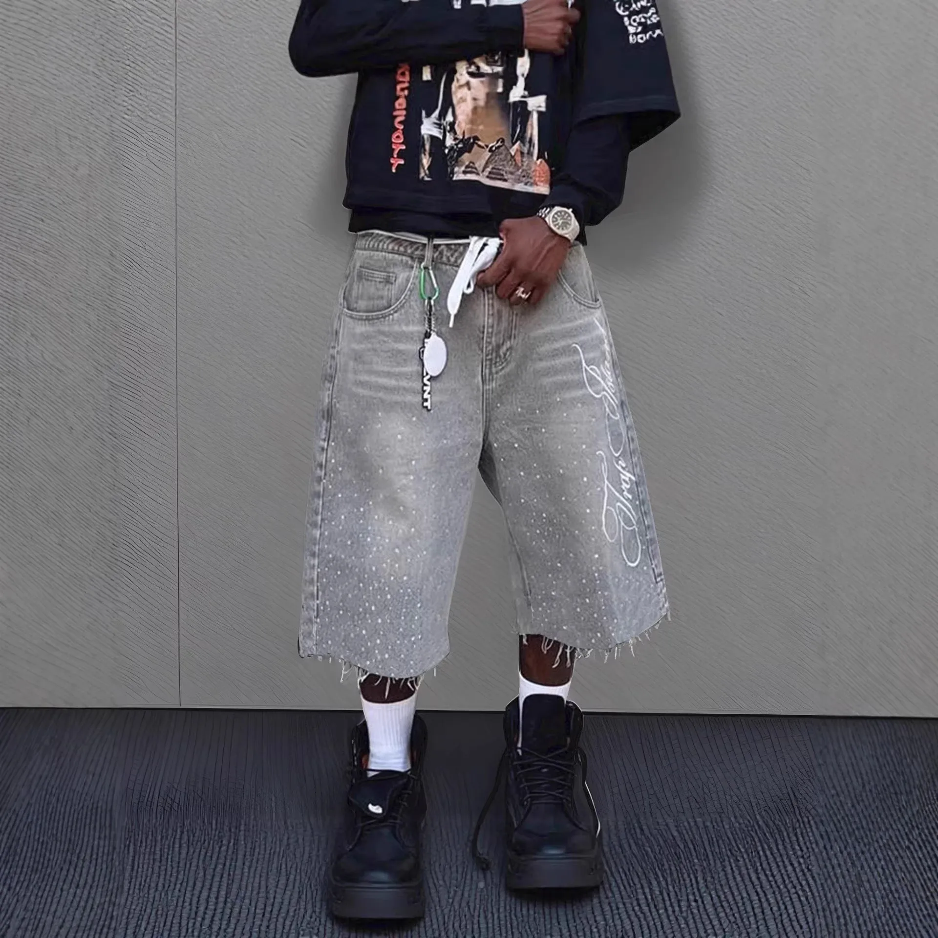 

Retro Washed Print Men's Loose Straight Leg Jeans Casual Shorts Seven-Five Lengthened Pants Comfortable Non-Shrinkage