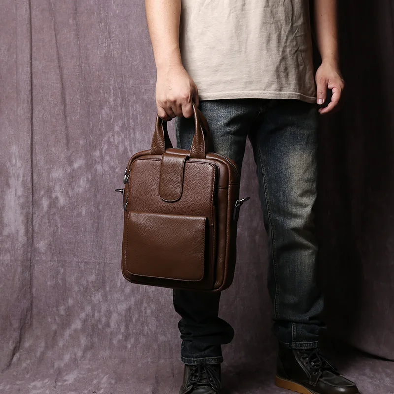 Imagem -03 - Bolsa Quadrada Vertical de Couro Genuíno Artesanal Casual Top Layer Cowhide Único Ombro Crossbody File Bolsa Masculino Original