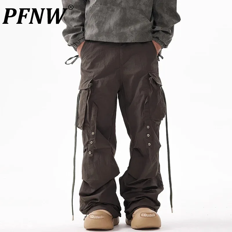 PFNW Functioan Style Men's Loose Pants Wrinkle Multi-pocket Ribbon Trousers Straight Wide Leg Cargo Pants 2025 Spring New 12C650