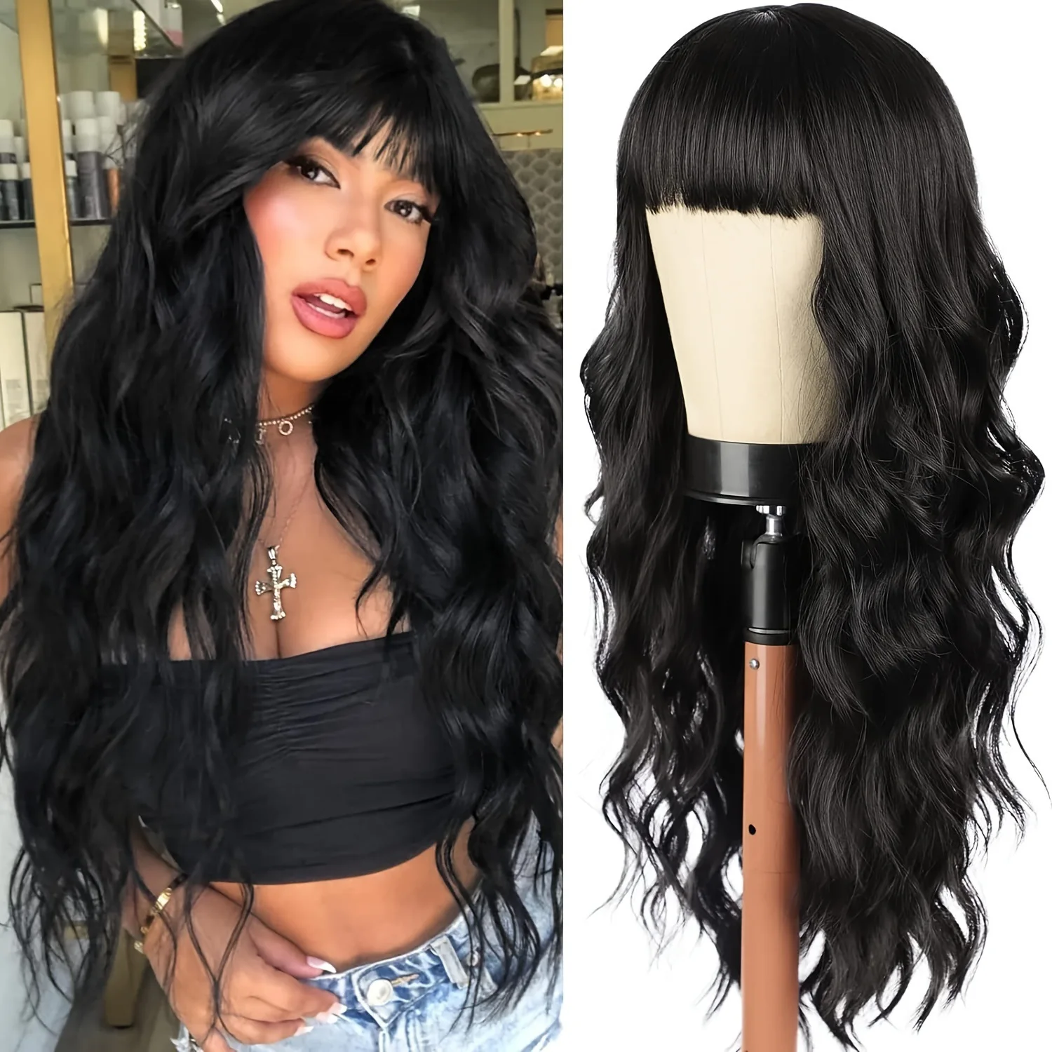 

Black Long Hair 24 Inch Wavy Curls Everyday Wear Realistic Wigs with bangs wig with chemical fiber head covering