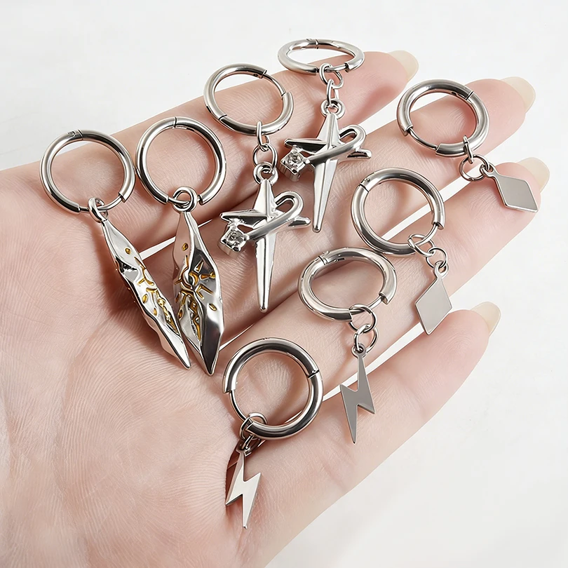 Silver Color Star Feather Cross Stainless Steel Hoops Earrings For Women Men Accessories Round Ear Piercing Vintage Jewelry Gift