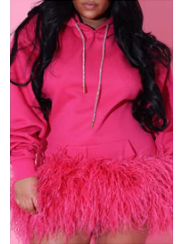 Wmstar Dresses Women Long Sleeves Autumn Winter Pink Hooded Sweatshirt Pure Craft Color Feather Dress Wholesale Dropshipping