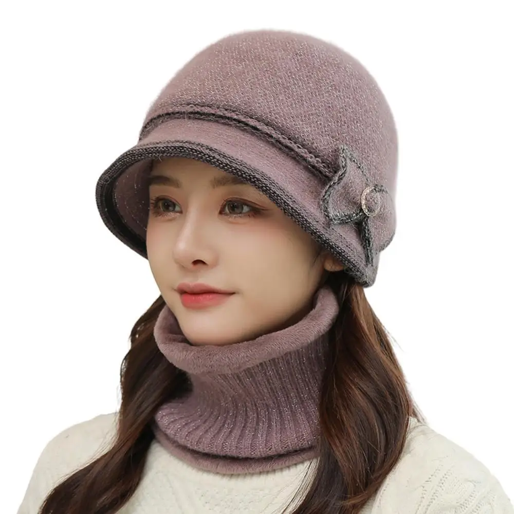 Rabbit Hair Knitted Wool Hat Women Winter Warm Solid Color Basin Caps Female Fashion Skullies Beanies Bonnet Sets with Bib