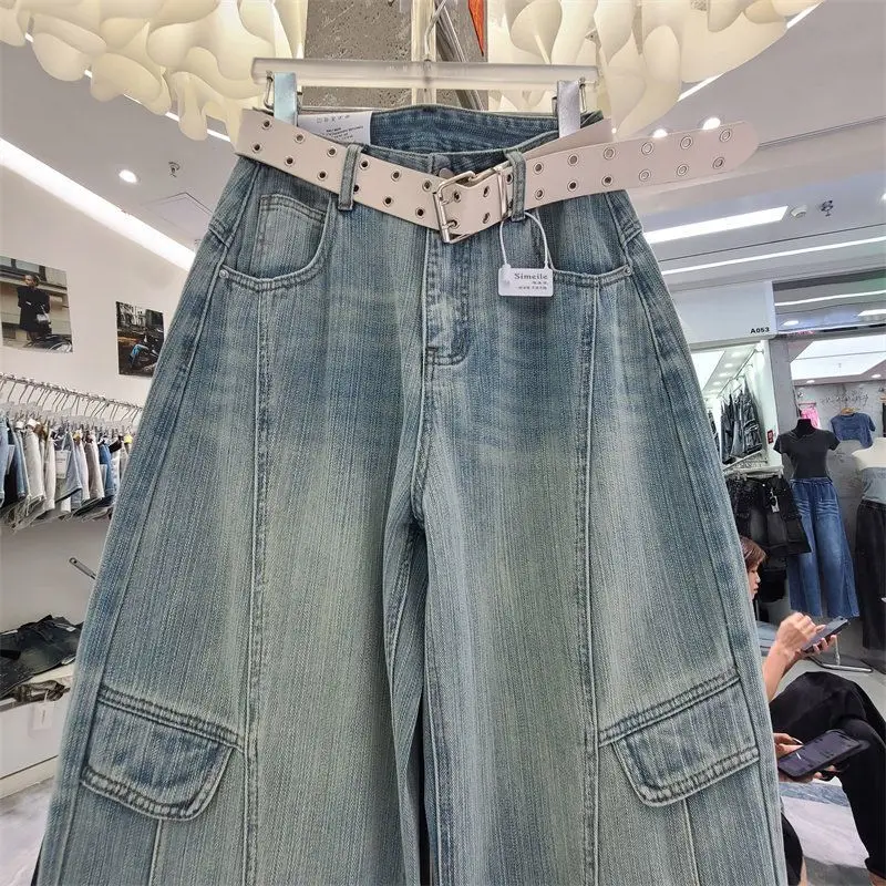Light Wash Wide Leg Jeans Women Summer Loose Straight Cut Knee Length Denim Pants Casual Neutral Style Jeans Mid-Length Pants