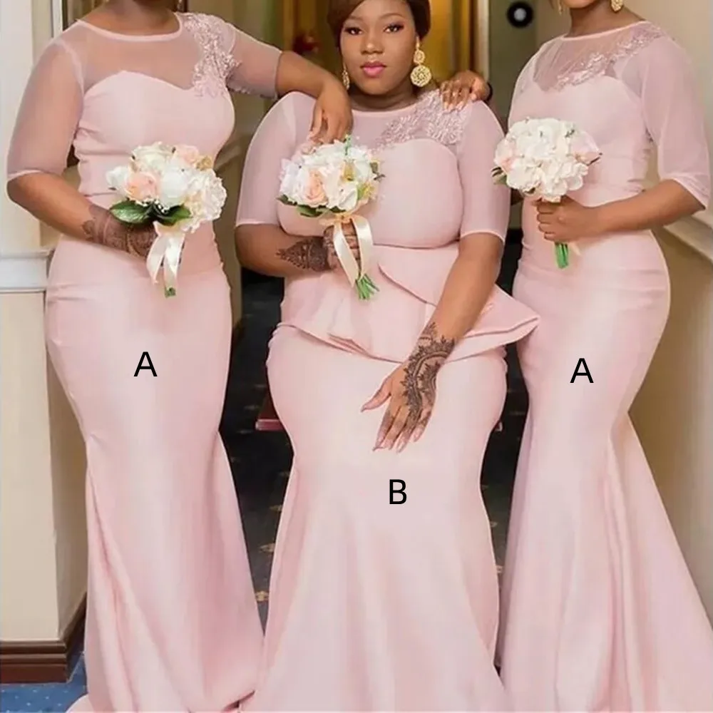 

Blush Pink Bridesmaid Dresses with Sleeves 2022 Jewel Neck African Lace Stain Mermaid Outdoor Maid of Honor Dress Custom