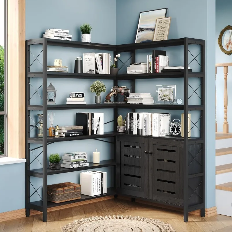 Corner Bookshelves and Bookcases Industrial Corner Etagere Bookcase L Shaped Shelf 6 Tiers with Metal Frame