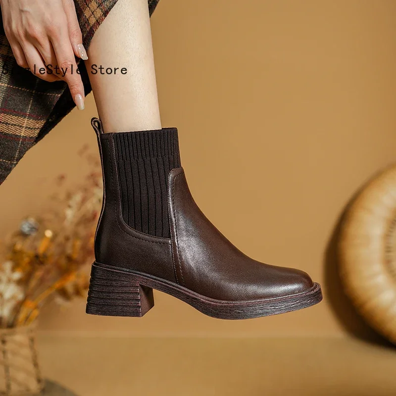 Frühling und Herbst Einfarbig Einfache Leder Quadratischen Kopf Nähte Textil Bequeme Dicke Ferse Kurze Stiefel für Frauen