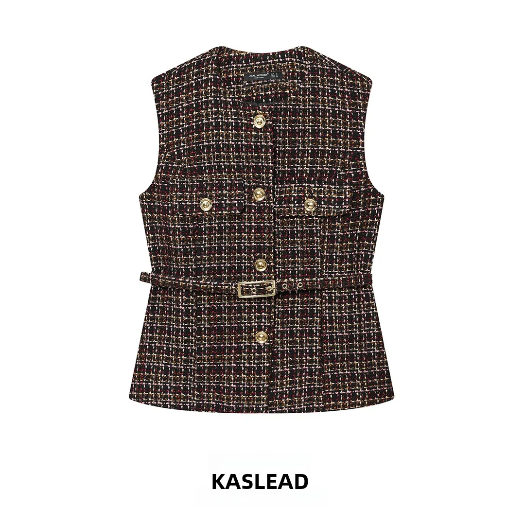 

KASLEAD Faion Texture Vest Simple Street Sle Women's Clothing round Ne Double Buttoned Polyester Fibre 00%