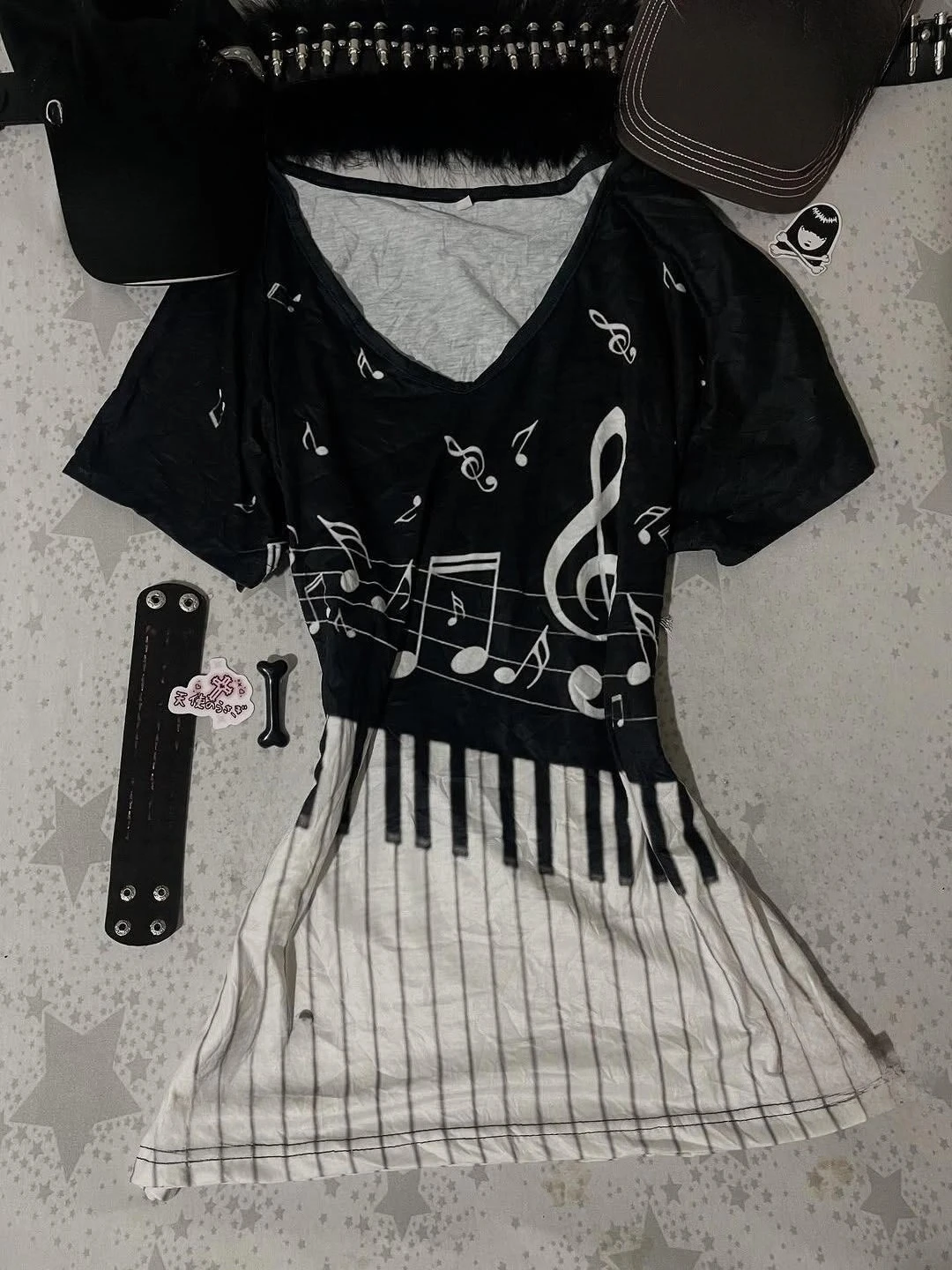 Piano Key Print Subcultre Japanese Vintage Y2k T-shirt Tops Short Sleeve Harajuku V-neck Tee American Retro Female New Clothing