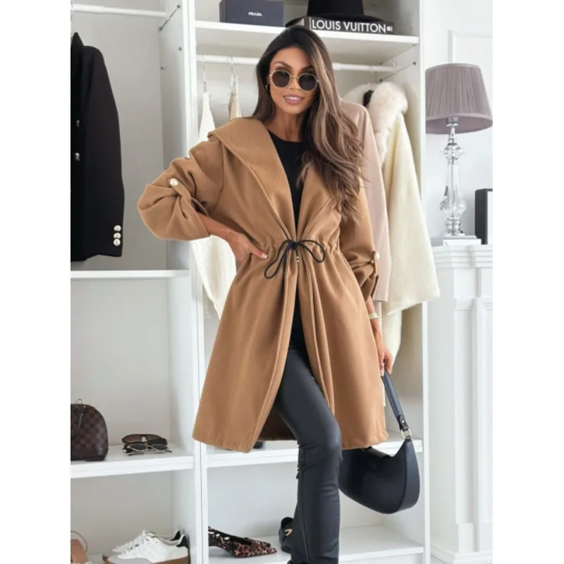 

Женские модные осенние однотонные шерстяные пальто с капюшоном, женские повседневные длинные рукава с завязками на талии, длинный свободный плащ