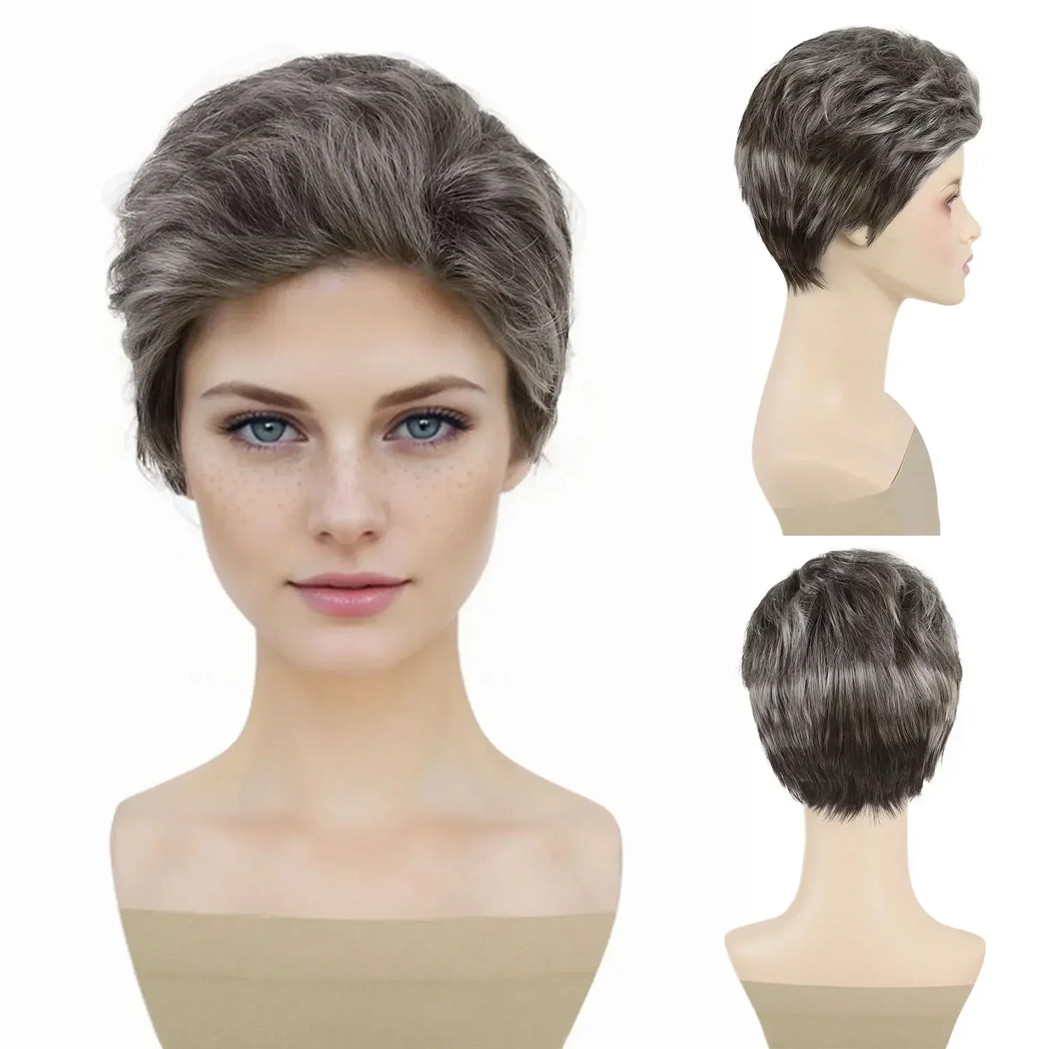 Mixed Grey Wigs for Women Synthetic Fiber Short Wig with Bangs Granny Wigs Natural Hairstyles Mommy Pixie Cuts Gray Hair Grandma