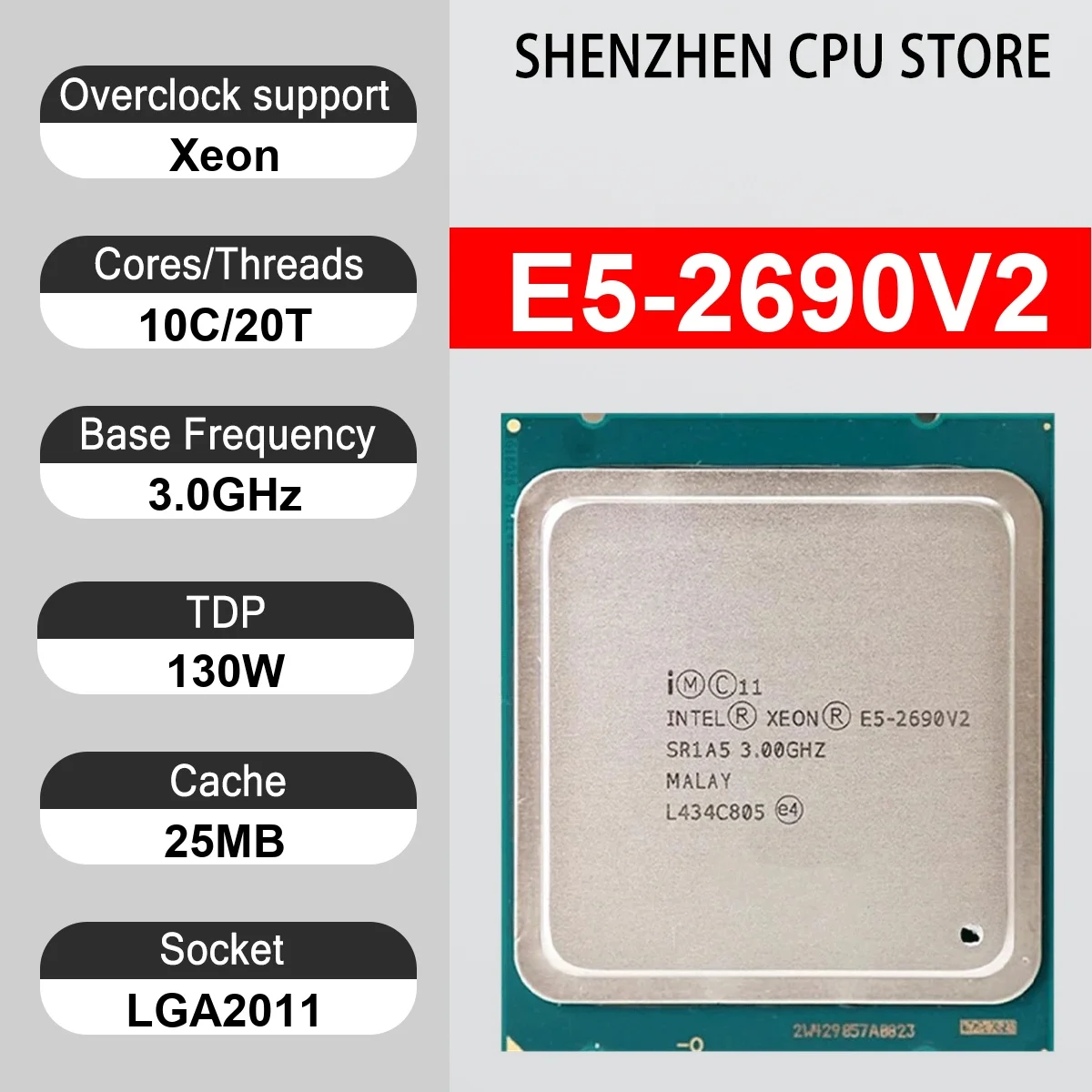 Intel Xeon E5-2690V2 10 Core 20 Thread 3.0GHz 130W 25MB Cache 22nm LGA 2011 SR1L5  DDR3-1866 Mhz Ivy Bridge-EP