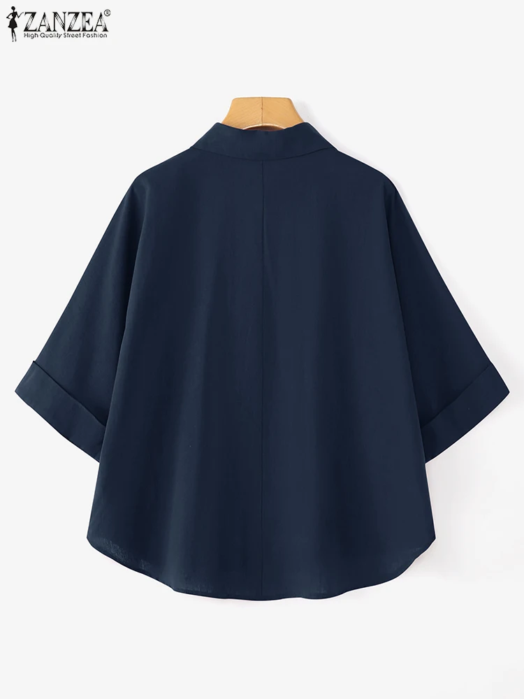 Stylowe damskie koszule ZANZEA Jesień Lato Bluzki 2025 Vintage Kołnierzyk z klapami Rękaw 3/4 Koszula do pracy Jednolite cienkie topy Oversize Chemise
