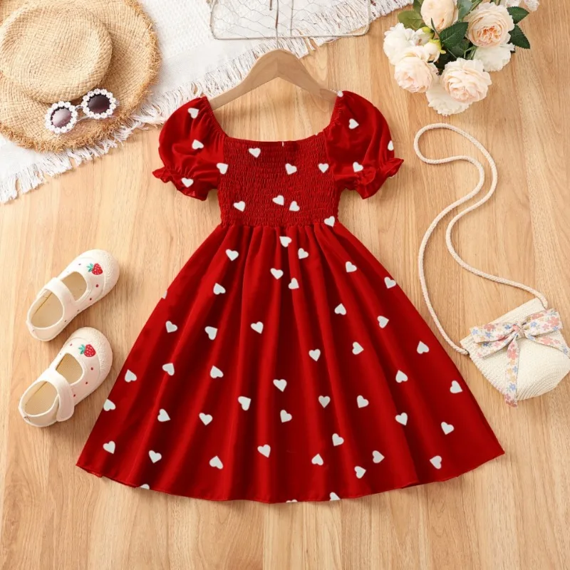 2026 New Heart Printing Bubble Sleeves Sweet Girls Dress Fashion European and American Children Big Flowers Dress