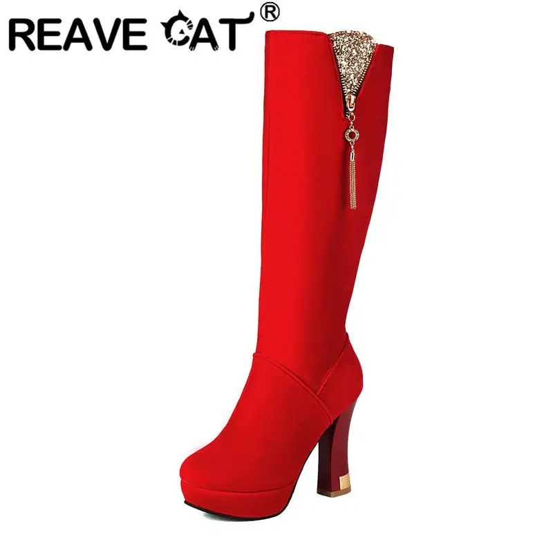 

REAVE CAT пикантные свадебные женские сапоги до колена с круглым носком на блочном каблуке 10,5 см, платформа 2,5 см, размеры на молнии 32, 33, 41 42 43