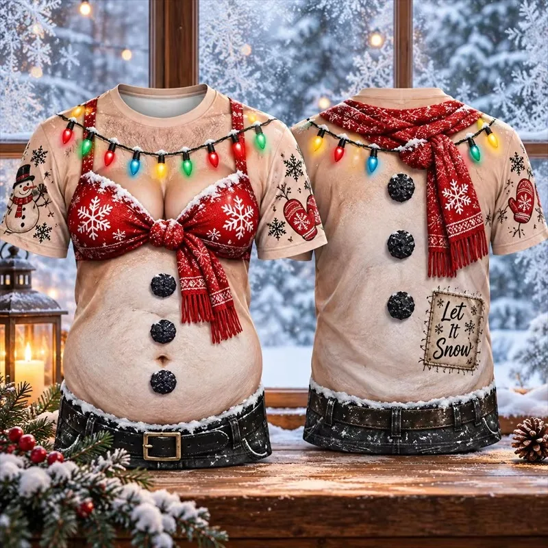Men Christmas 3D Fake Belly Muscle Print T-Shirt, Santa Lights Bow Pattern Funny Short Sleeve Top for Xmas Holiday Party Costume