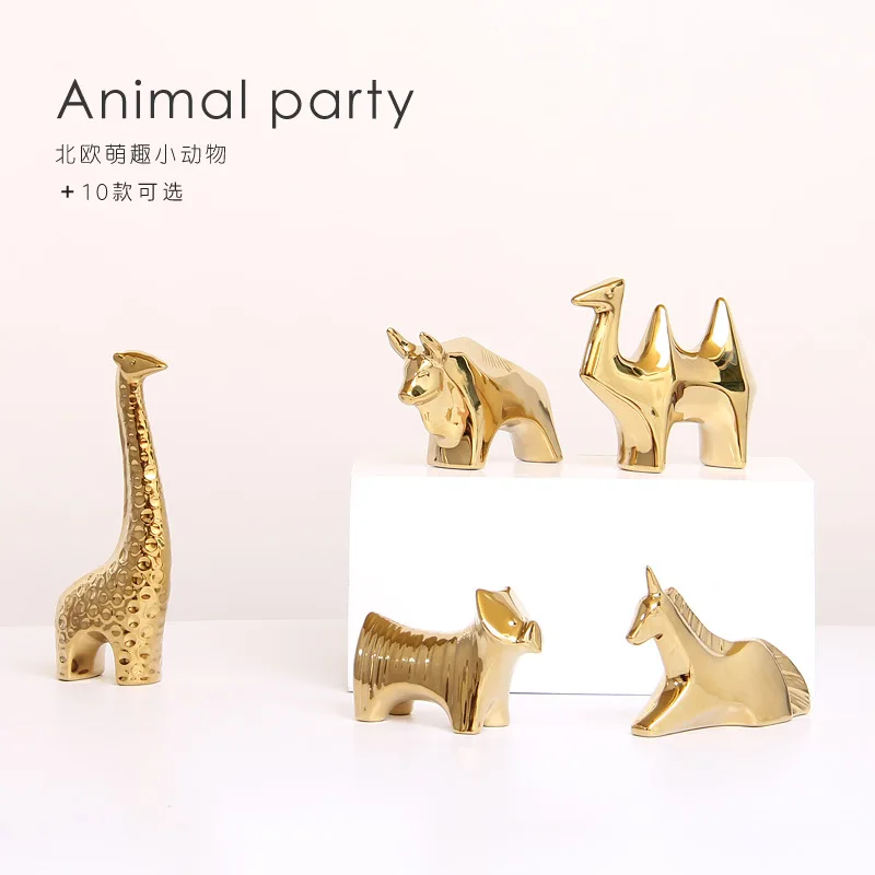 

Small Gold Electroplate Ceramic Animal Figurines Swan Alpaca Dog Lucky Cat Giraffe Unicorn Deer Porcelain Home Desk Decoration