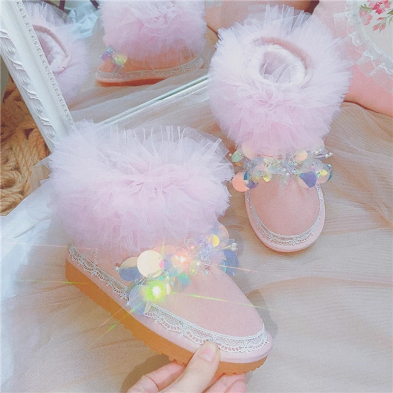 Pink Cow Suede Women Winter Snow Boots Round Toe Slip On Sweet Ruffles Short Ankle Booties Casual Warm Plush Cotton Shoes