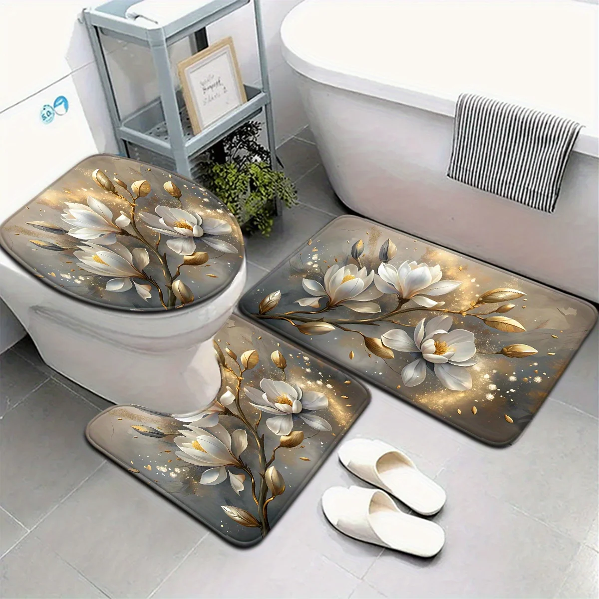 

Fresh Gray White Magnolia Golden Leaf Bathroom Floor Mat Set 3pcs Non-Slip Absorbent Toilet Lid Cover and U-Shaped Rug