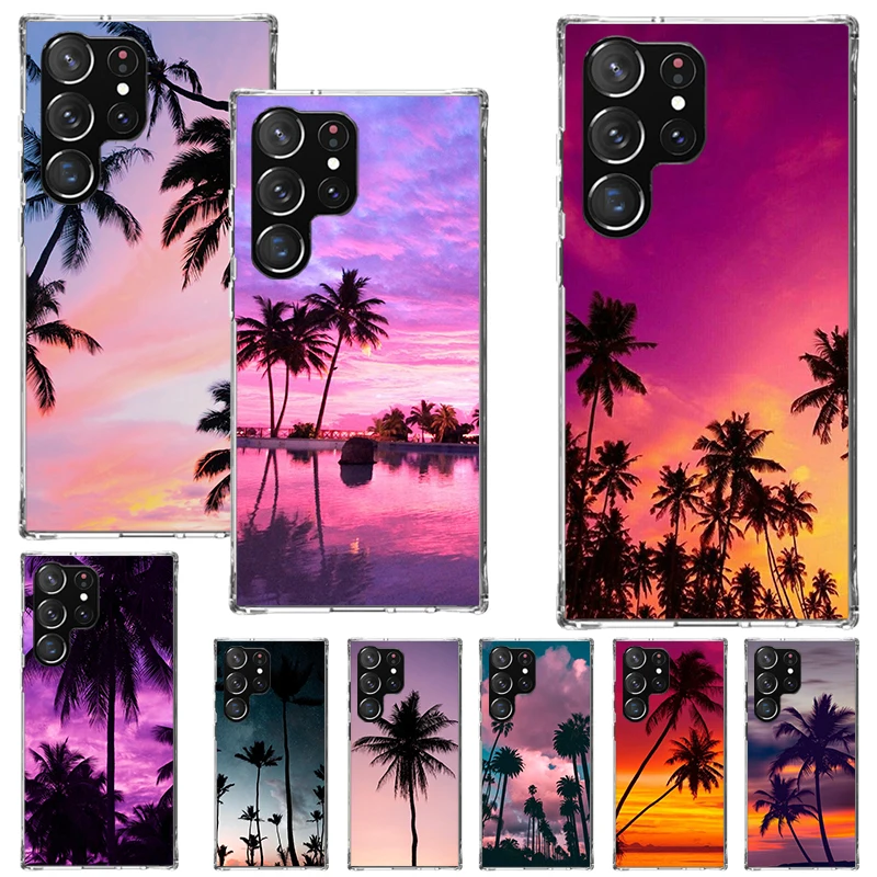 Palm Leaves Sunset Summer Scenery Print Soft Case for Samsung Galaxy S24 S23 S22 Ultra S21 S20 FE S10 Plus Phone Shell S9 S8 + S