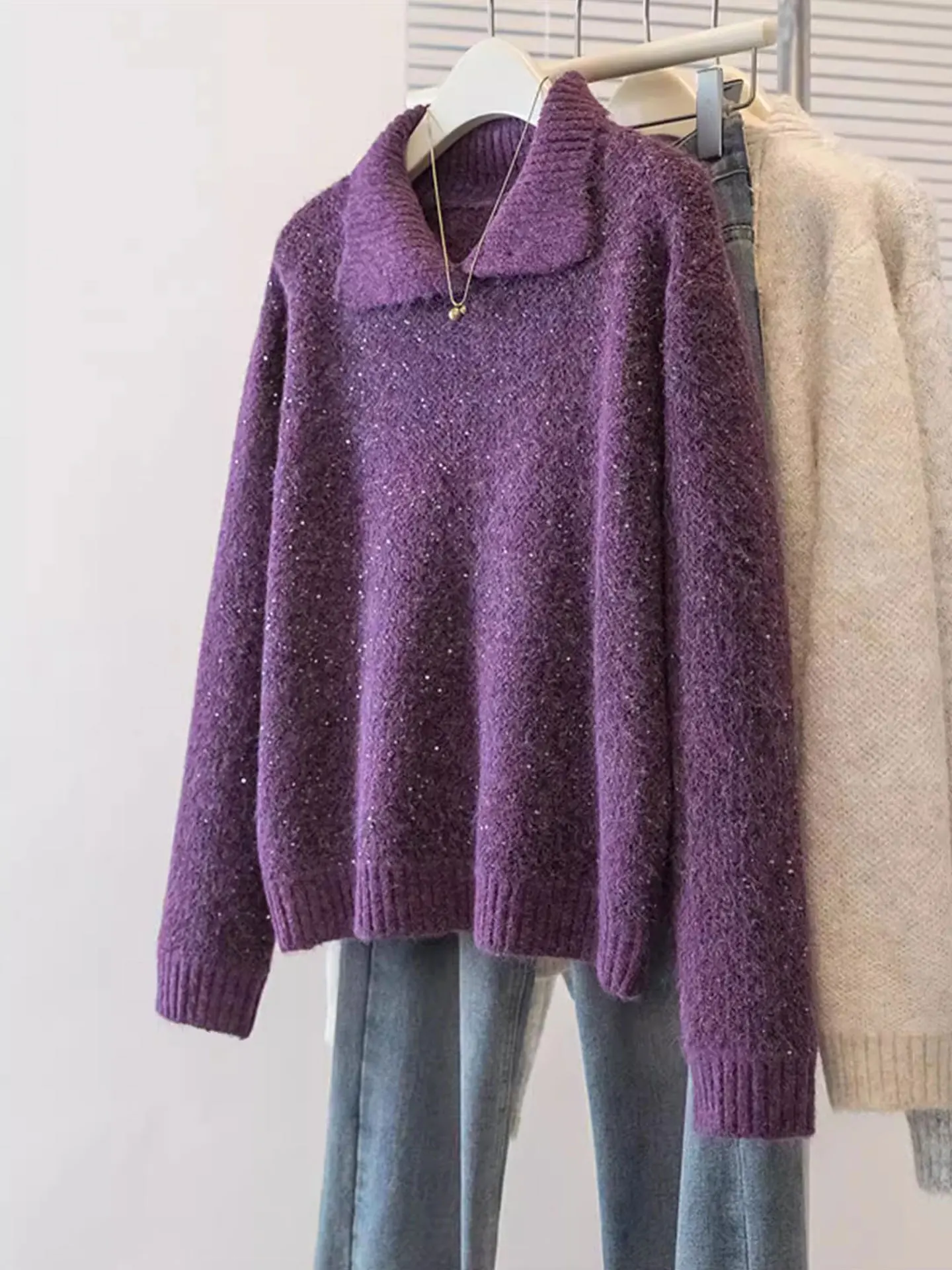 

Purple iny Long Sve Knitted Sweater Women's Casual Sle Loose Fit oulder Length Ne Knitwear for Autumn Winter