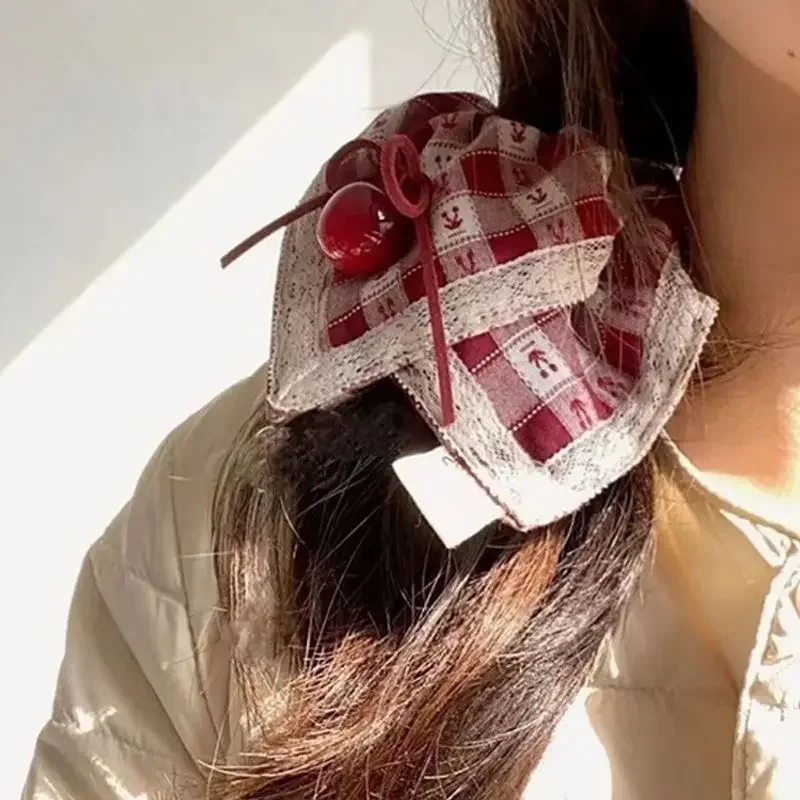 

1pc Korean style cherry wind headband spring new red checkered cherry square scarf large intestine headband