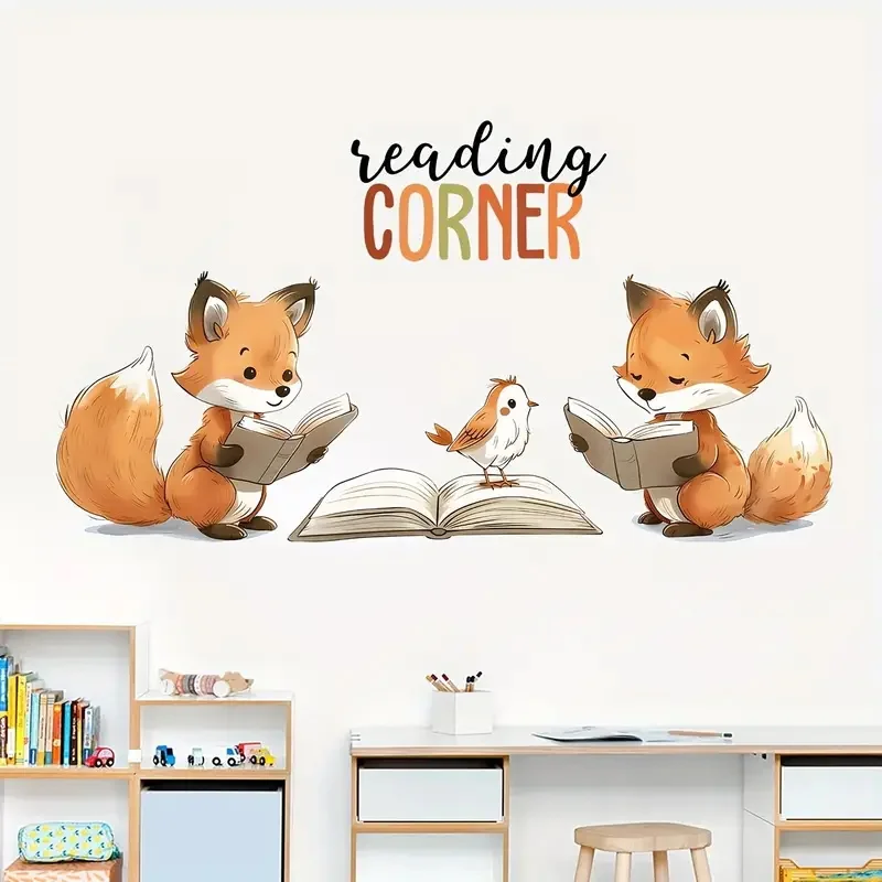 Two Foxes Are Reading Wall Stickers, Bright Bathroom for Home Decoration, Vinyl Car Decals, Art Wall Paper, Poster