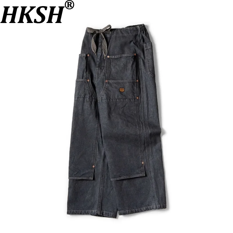 HKSH Spring Autumn New Men Tide Chic Ins Dark Japanese Casual Denim Pants Drawstring Large Pockets Luxury Vintange Jeans HK27931