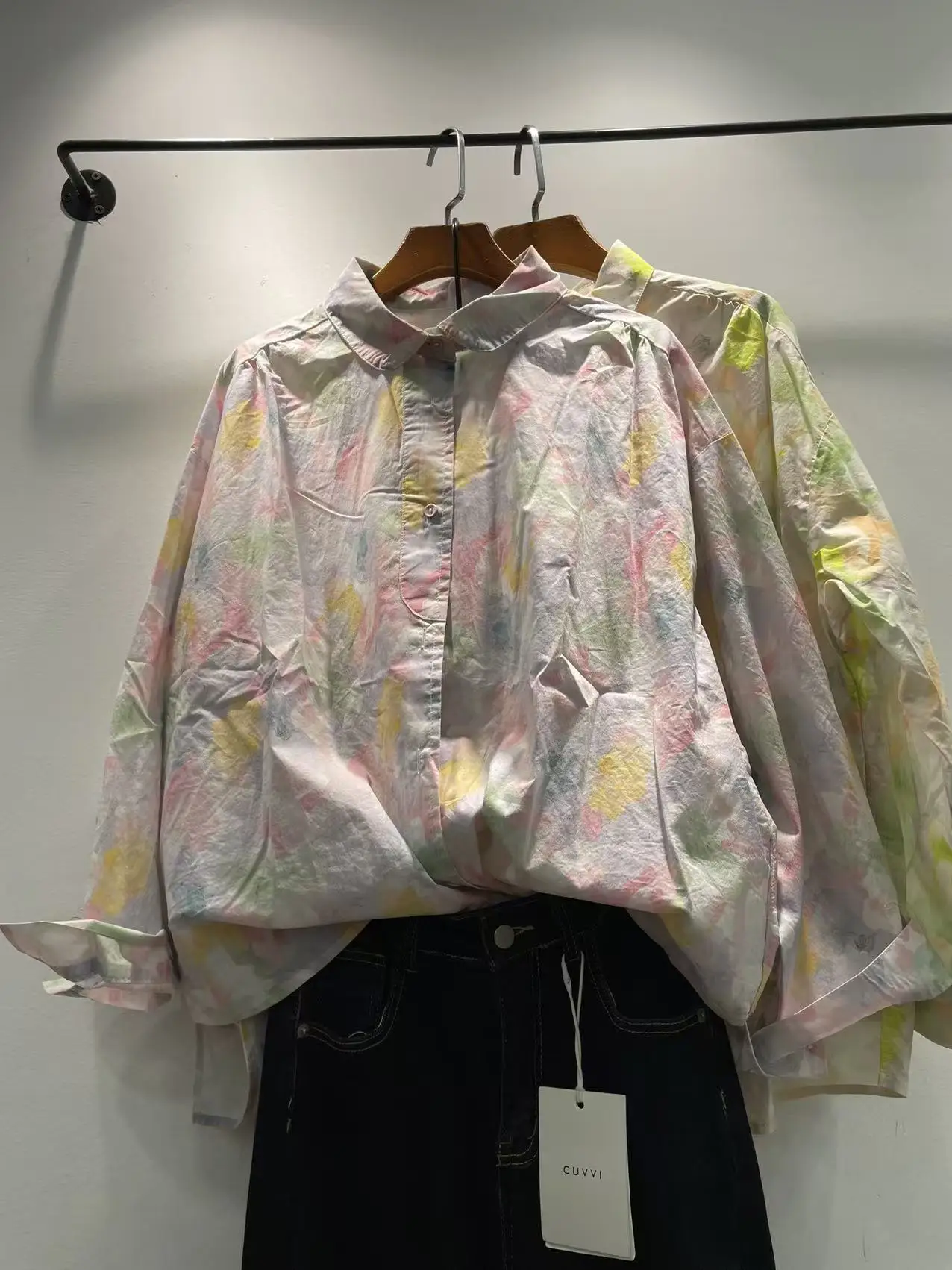 

Женская повседневная рубашка с длинным рукавом из чистого хлопка в корейском стиле, свободного кроя, с принтованным воротником и одной пуговицей, весна 2026