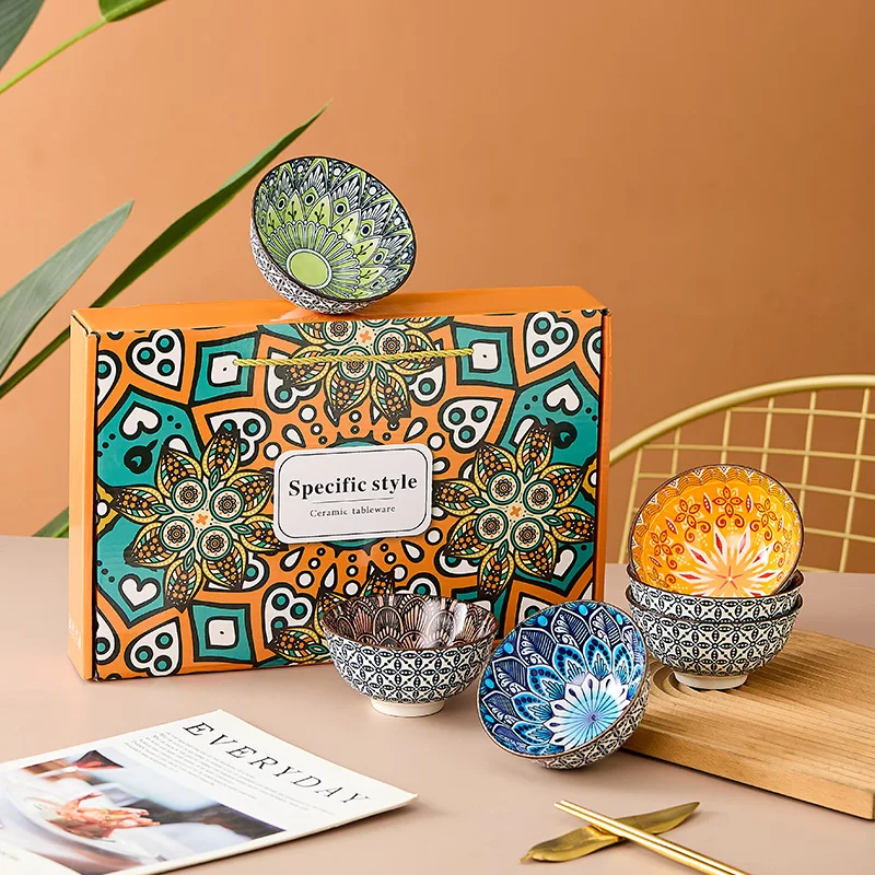6-Piece Bohemian Mandala Ceramic Bowls - Dishwasher & Microwave Safe, Perfect for Cereal, Soup, Pasta, Salad, Ice Cream Bowls