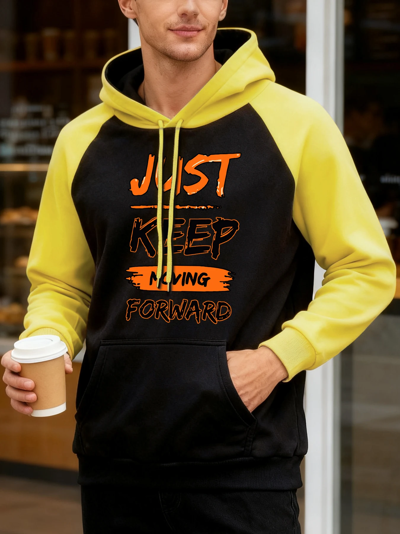 Just Keep Moving Forward Bedruckte Herren Raglan Hoodies Trendy Mehrfarbige Streetwear Lässige Weiche Kleidung Fleece Herbst Hoody