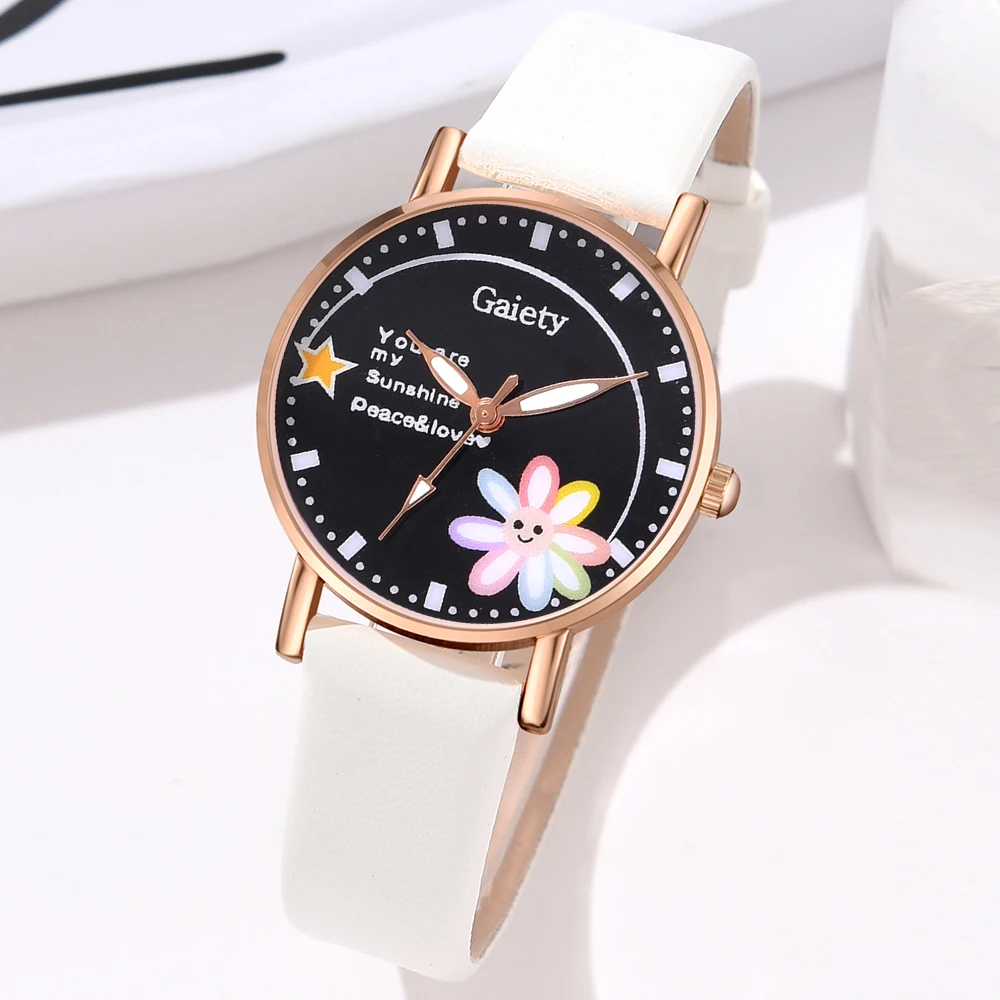 GAIETY Couple Simple Style Flower Element Dial Watch Casual Fashion Quartz Watch Is The Perfect Gift For Her (No Box)