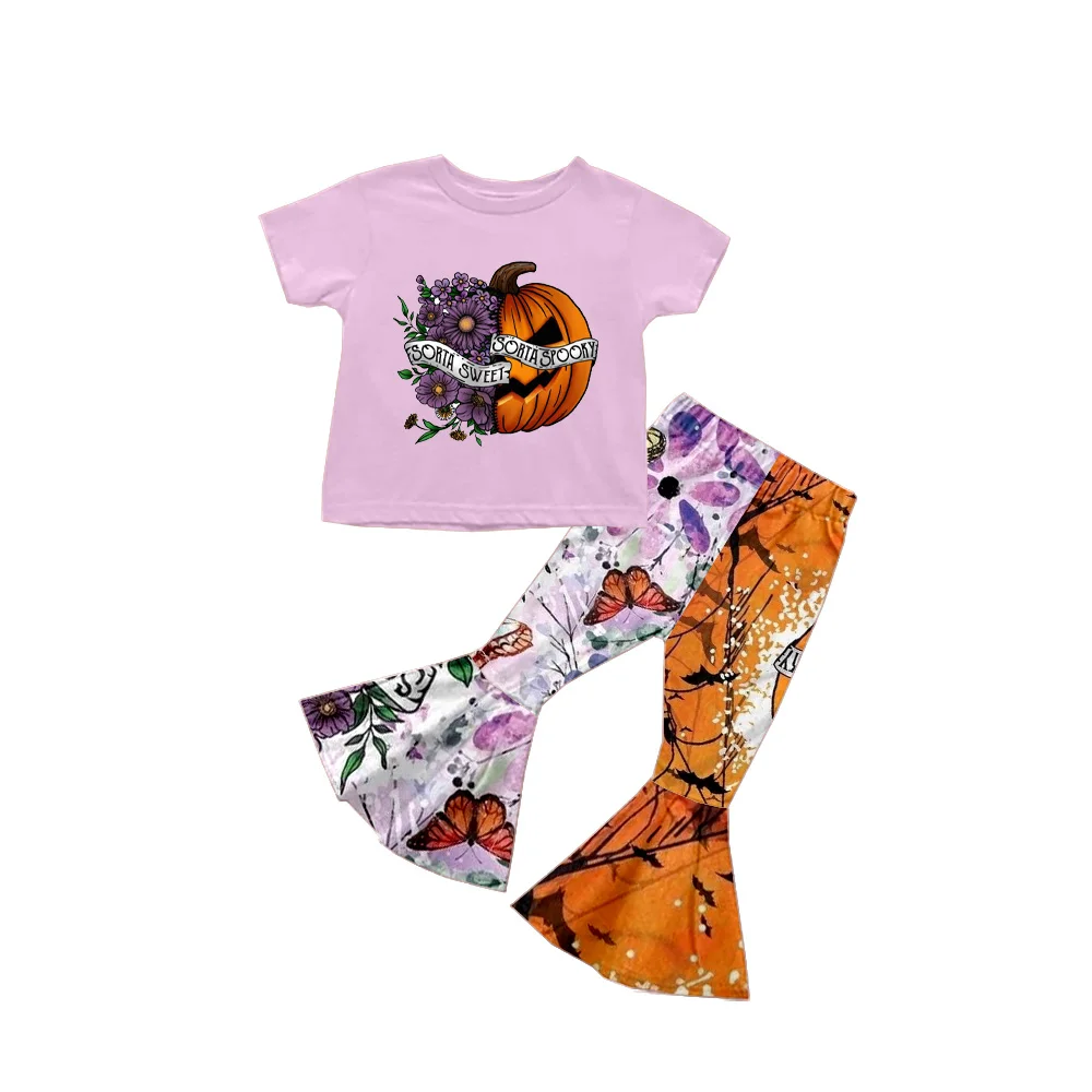 

Boutique Halloween Spooky Outfits Witch Girls Clothes Bat Pumpkin Bell Bottom Pants Sets