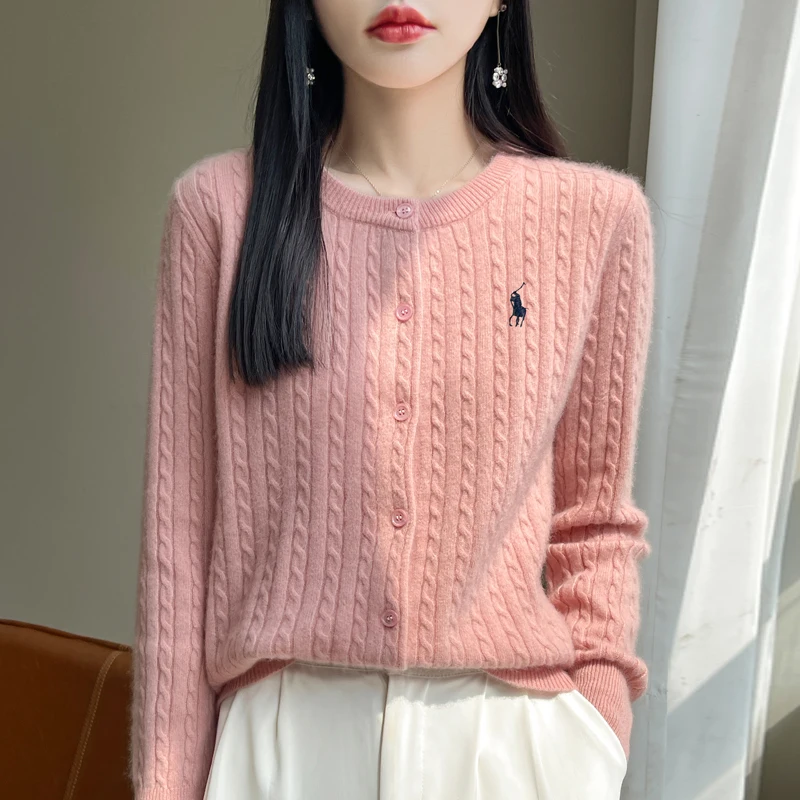 YSC2024 New Women's Classic Australian Pure Wool Twisted Flower Knitted Cardigan Long Sleeve Casual High Quality Knitted Sweater