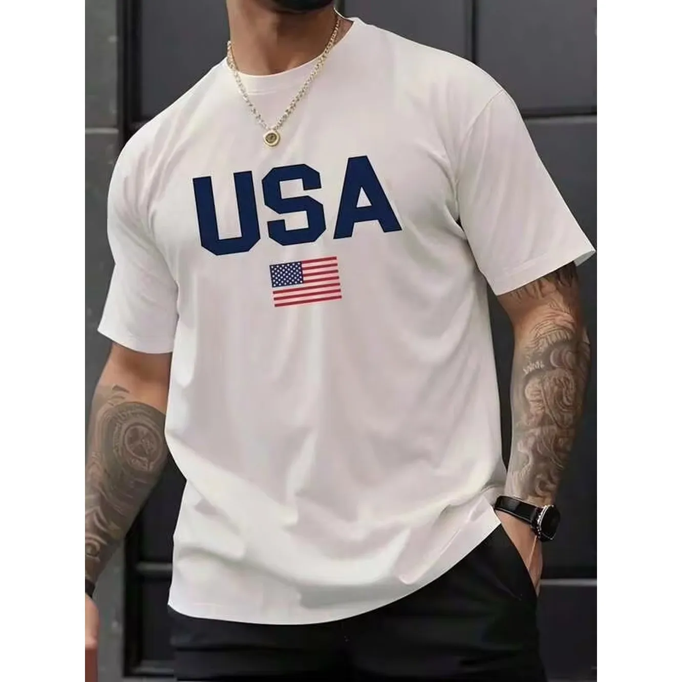 Men's Summer Casual Round Neck Short Sleeve-Shirt With Letter And American Print FQSU