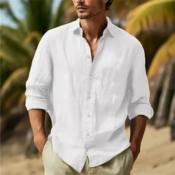 2024 Spring and fall men's trend explosion lapel casual knit slim-fit short sleeve cotton linen shirt