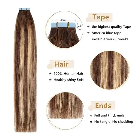 Extensiones de Cinta Cabello Humano Rubio Sin Costura Cinta Extensiones de Cabello 12"-20" 4x0.8cm Piel Tejido PU Cinta en Cabello 20 PCS 2