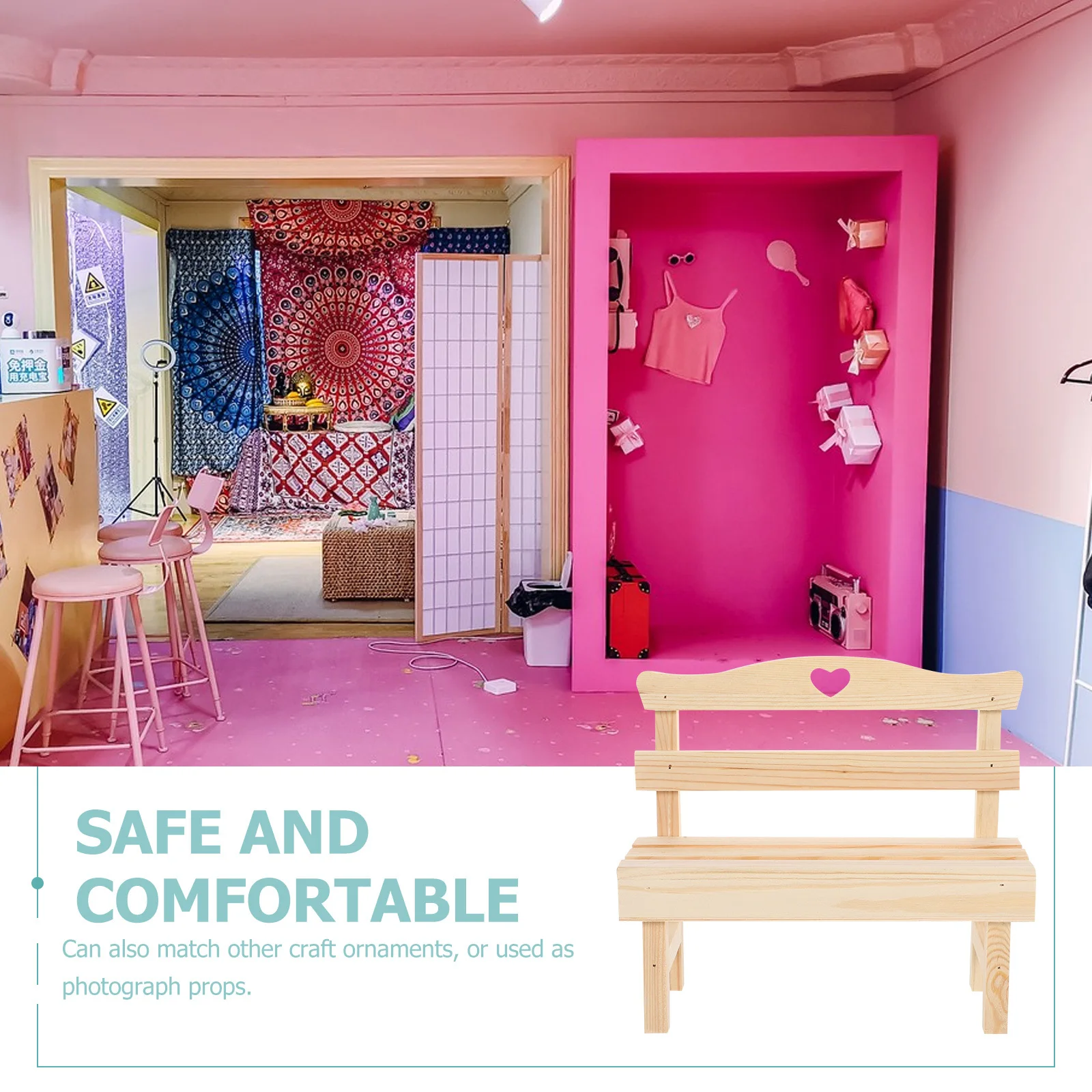 

1pc Mini Wooden Pine Craft Decor For House Garden Landscape Display Room Ornament Shelf Room Ornament Decorative Bench