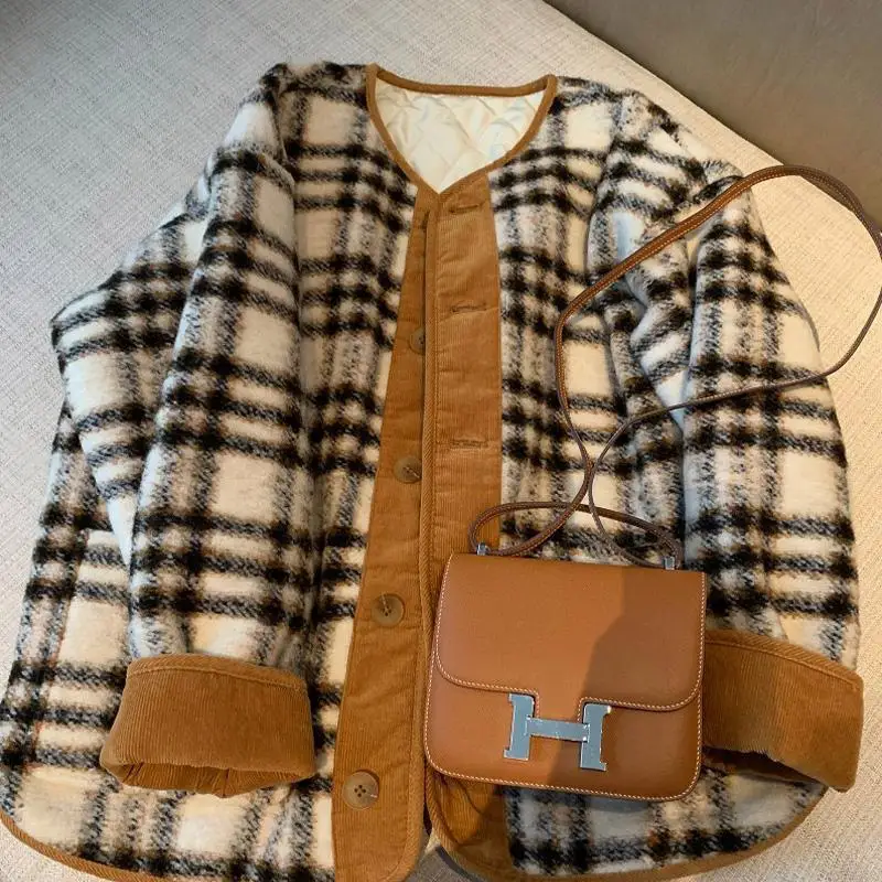 

This year popular beautiful French senior sense vintage coffee color check small fragrant cotton jacket winter Women's Clothing