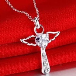 Collar de plata de ley 925 con colgante de Cruz de cristal fino de Ángel para mujer, joyería de boda de lujo, regalos de Navidad, 45cm