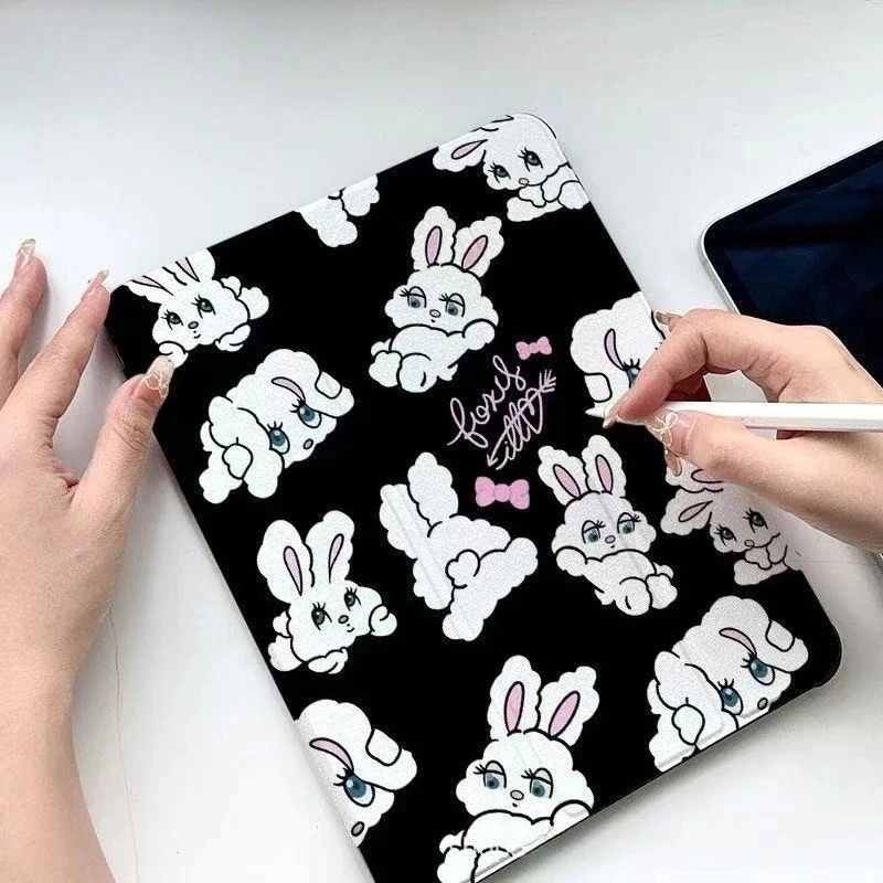 Kawaii Black Rabbit Case for Air6 2024 Pro M2 Air7 M3 11th A16 11in Tablet Case 10th 10.9in 9/8/7th 10.2 6th 9.7 Acrylic Cover