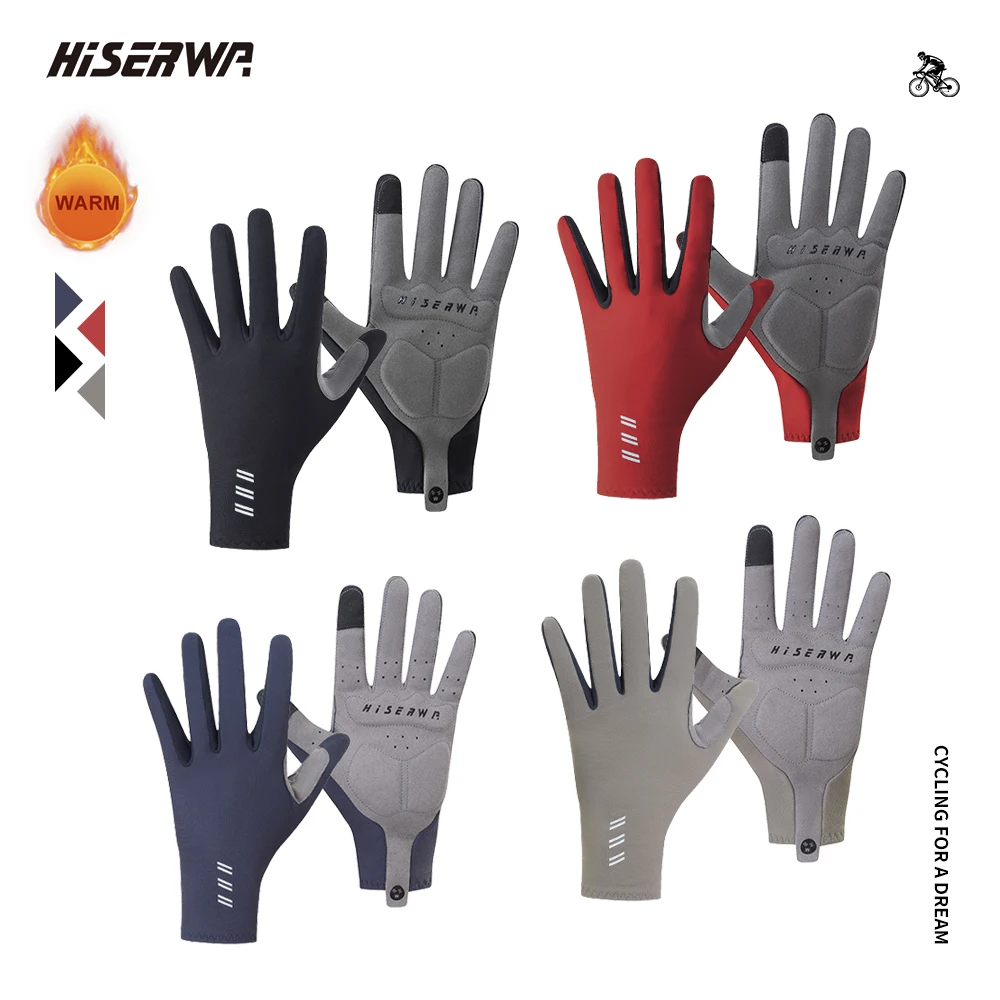 HISERWA Men Women Winter Warm Full Finger Cycling Gloves Outdoor Sports Anti Shock Touch Screen Anti Slip MTB Road Bike Gloves