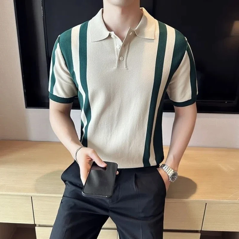 

Vintage Polo Shirts Summer Thin Men Lapel Striped Contrast Color Button Streetwear Fashion Office Social Short Sleeve Slim Tops