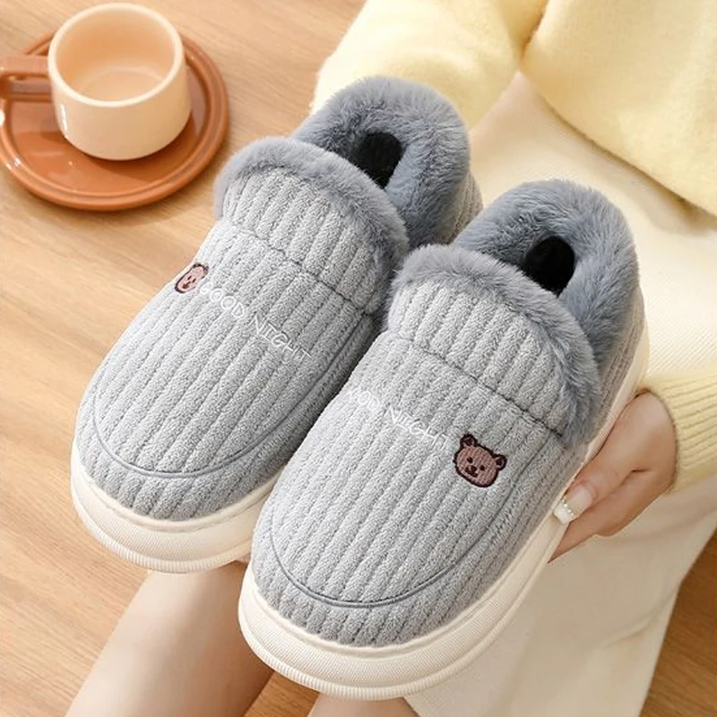 

BASATU Women Men Warm Plush Slippers Thick Platform Winter Furry Slides Soft Non Slip Flats Bedroom Couples Indoor Shoes