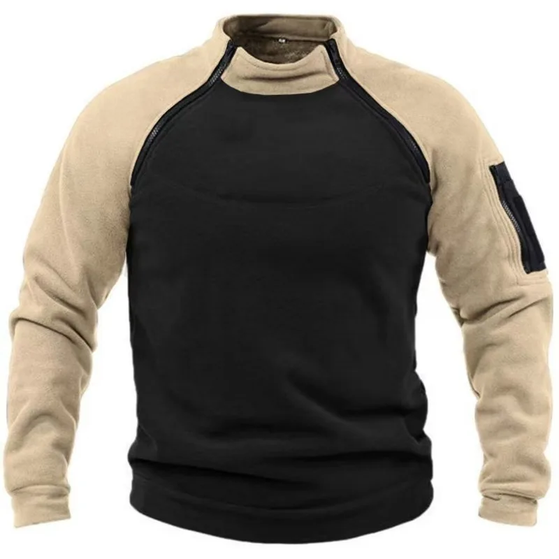 Men Tactical Fleece Pullover Winter Warm Thick Thermal Sweatshirt Outdoor Hiking Camping High Neck Shoulder Zipper Military Tops