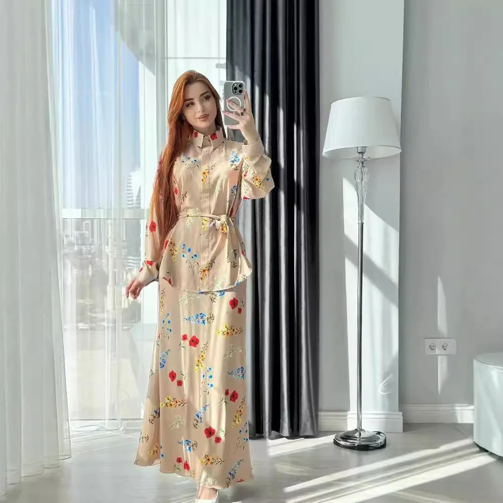 

Muslim Sets Women Blouse Top Long Skirt Flower Print 2 Piece Suit Lace Up Outfits Dubai Saudi Morocco Skirts Ensemble 2025