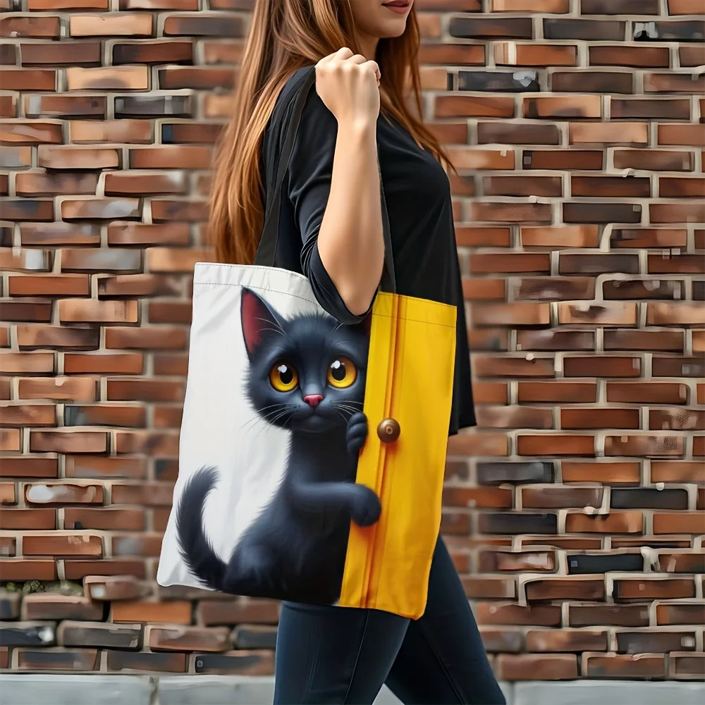 Stilvolle Einkaufstasche mit schwarzem Katzenmuster, leichte und faltbare Schulter-Einkaufstasche für Schule, Reisen, tragbare Aufbewahrungshandtasche – Detail 3