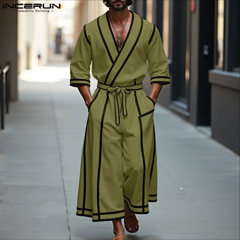 

INCERUN Men Sets Patchwork V Neck Lace Up Half Sleeve Shirt & Wide Leg Pants Two Pieces Sets Streetwear Casual Men's Suits S-5XL